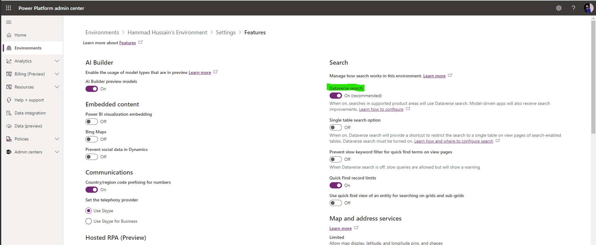 Dataverse search in dynamics 365
